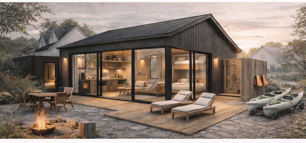 NOORD 01 — Holz-Cabin mit Feuerstelle, Liegestühlen und Kajaks am Abend