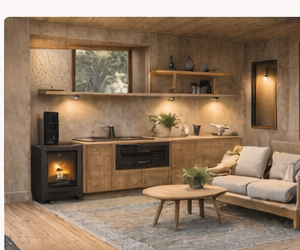 Innenraum der Cabin mit Kamin, Sofa und Küchenzeile