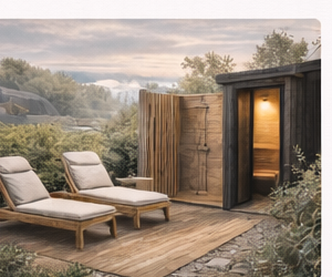 Private Sauna im Außengebäude mit Liegestühlen